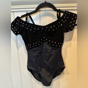 BALERA Large Child Black Dance Bodysuit Velvet Bodice Rhinestones Cap Sl…